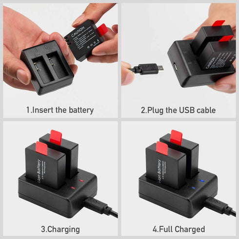 Action Camera Battery Pack, 1350mAh Rechargeable Battery (3-Pack) with USB Dual Charger for Sports Cameras