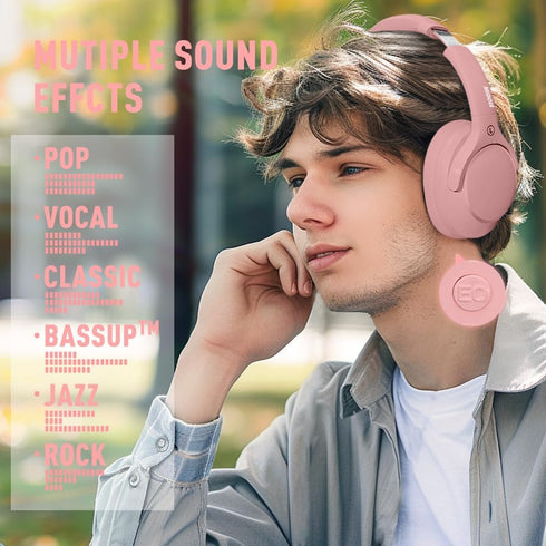Bluetooth Headphones Over Ear 68H Playtime 6 EQ Wireless Headset with Microphone HiFi Stereo Foldable Lightweight Deep Bass for Travel Home Office Cellphone Pink