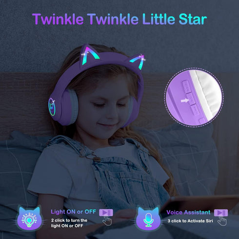 LOBKIN Bluetooth 5.3 Kids Headphones with Case - Foldable Adjustable Over Ear Headphones with RGB LED Cat Ears