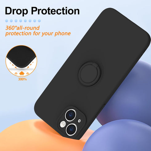 iPhone 15 Plus Case - Black, Slim Liquid Silicone, Shockproof, Anti-Scratch, with 360° Rotatable Ring Holder & Lanyard.