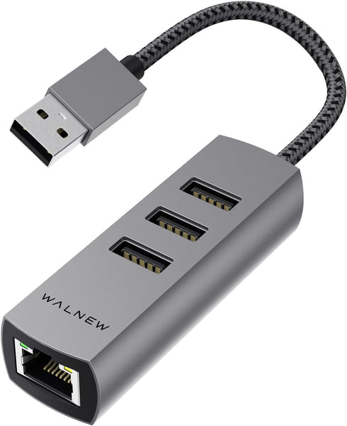 WALNEW USB 3.0 Ethernet Adapter, 4-in-1 USB Hub with 3 USB-A Data Ports and 1 Gigabit RJ45 Network for Laptop