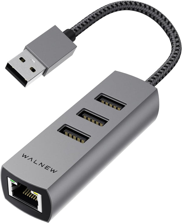 WALNEW USB 3.0 Ethernet Adapter, 4-in-1 USB Hub with 3 USB-A Data Ports and 1 Gigabit RJ45 Network for Laptop