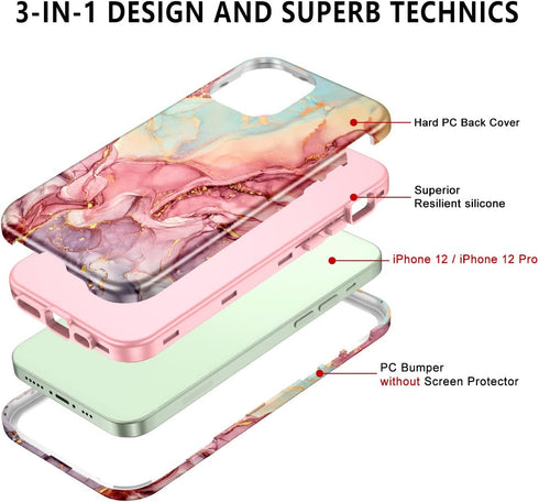 Btscase for iPhone 12 Case/iPhone 12 Pro Case, Heavy Duty Three Layer Marble Shockproof Full Body Rugged Hard PC+Soft TPU Bumper Drop Protection Women Girls Cover for iPhone 12/12 Pro, Rose Gold