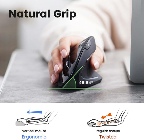 Perixx PERIMICE-813B Bluetooth Vertical Mouse, Wireless 3-in-1 Multi-Device Technology, Black, Right Handed with Carry