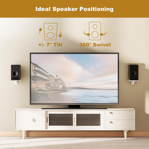 FDM Universal Speaker Wall Mount, One Pair of Side Clamping Bookshelf Speaker Bracket with Swivel and Tilt