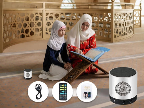 Digital Quran Speaker FM Radio, Silver Color, Remote Control, 18 Reciters & 15 Translations, Quality Qur'an Player,