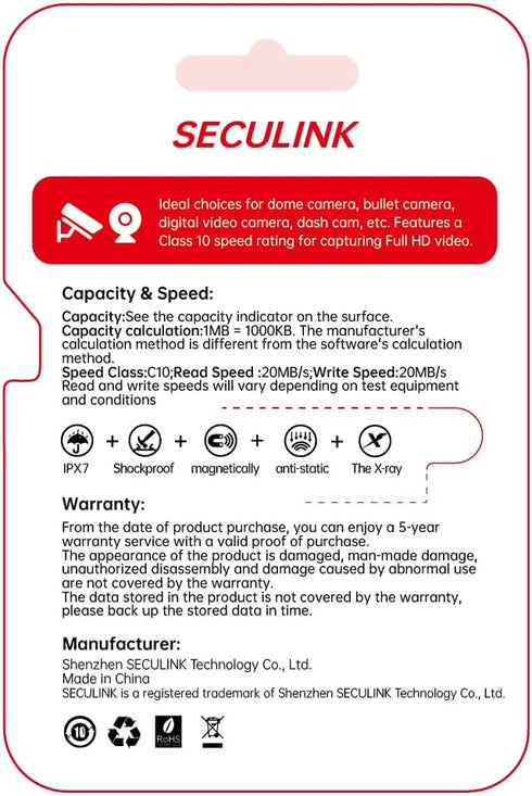 JOYNANO 64GB FAT32 10 24/7 SECULINK TF Memory Card Format Class High Speed Reading/Writing Recording for Security