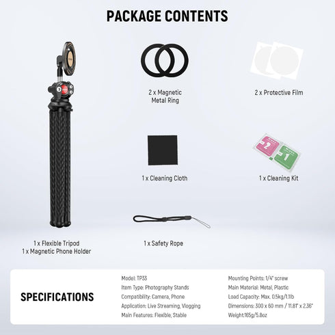 NEEWER Magnetic Flexible Phone Tripod for Magsafe iPhone 15 Pro Max 14 Series, Mini Vlog Cellphone Stand