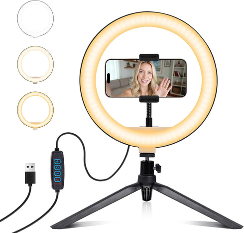 RYUNVOVO Selfie Ring Light 10" with Tripod Stand and Phone Holder, LED Ring
