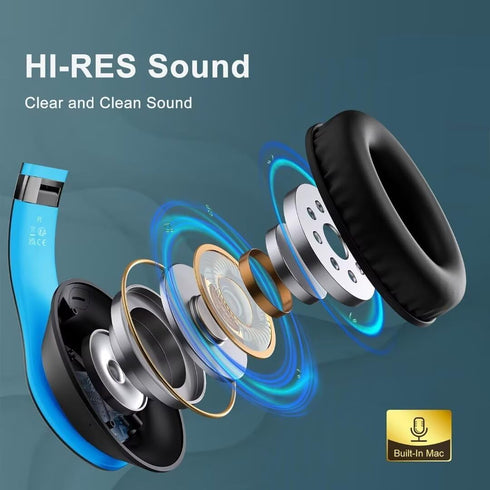Wireless Bluetooth Headphones Over Ear, 65H Playtime HiFi Stereo Headset with Microphone, Foldable for Travel, Blue