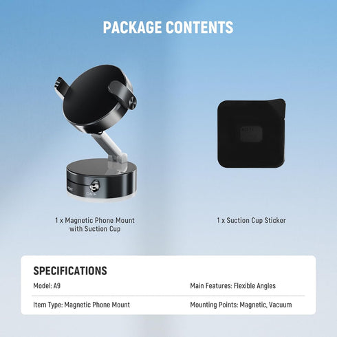 NEEWER 360 A9 ENTRY LEVEL VERSION Magnetic Cell Phone Holder Mount Stand Foldable with Vacuum Suction Cup for Your Car