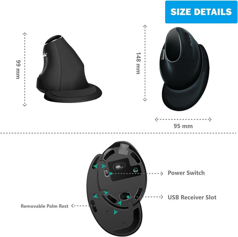 Ergonomic Vertical Mouse: 2.4G Bluetooth Dual Mode Optical Computer Mice, Wireless Rechargeable Mouse with Removable