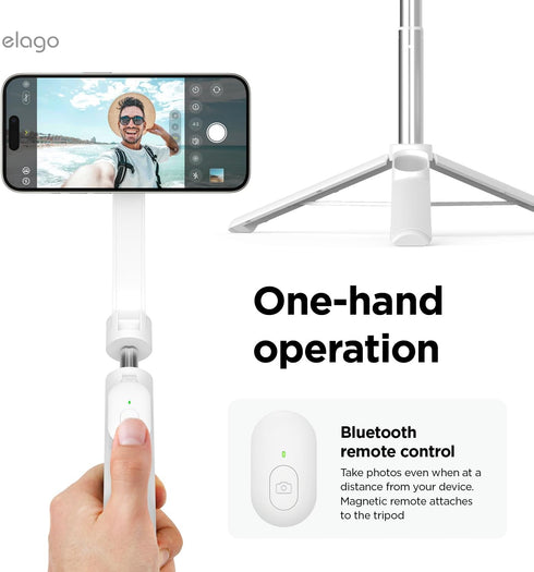 elago Magnetic Selfie Stick Tripod - White Compatible with MagSafe for iPhone and Galaxy, Portable, Lightweight,