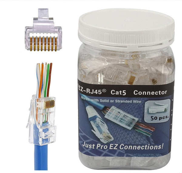 PETECHTOOL RJ45 CAT5 CAT5e Pass Through Connectors 50 Pack - Gold Plated Modular Plug for Ethernet Cables