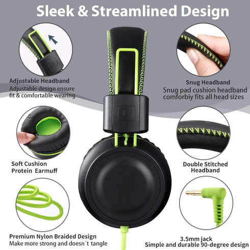 POWMEE M2 Kids Headphones Wired, Foldable Adjustable Stereo Tangle-Free, 3.5MM Jack Wire Cord On-Ear Headphone for