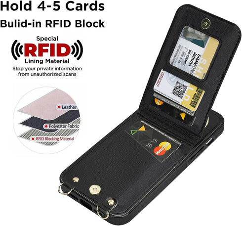 uCOLOR iPhone 13/14/15 Wallet Case for Women, Black Crossbody Zipper Leather Case with Card Holders and RFID Protection