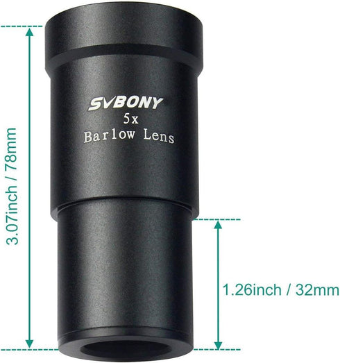 SVBONY 5X, 1.25 Inch 5X Telescope Barlow Lens Telescope Accessory, Fully Multi Coated Broadband Green Film Barlow Lens