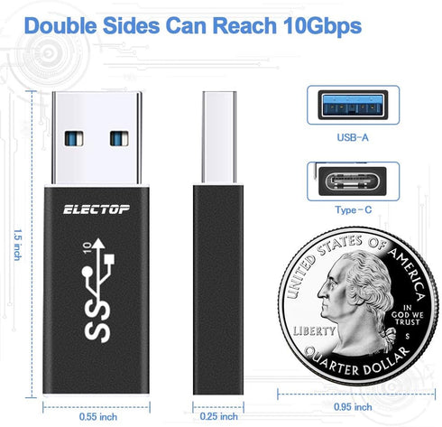 ELECTOP Double Sides 10Gbps, USB 3.1 GEN 2 Male to Type-C Female Adapter, Support Both 10Gbps Charging & Data Transfer, USB A to USB C 3.1 Converter for PC, Laptop, Charger, Power Bank, Quest Link