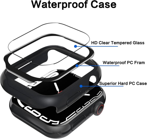 YMHML Waterproof Case for Apple Watch Series 8/7 45mm, Tempered Glass Screen Protector, Full Coverage Protective Cover