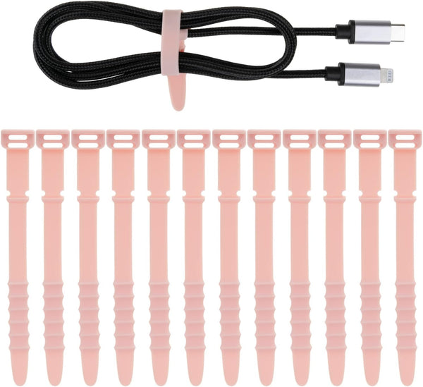 12 Pack Reusable Cable Zip Ties, 4.5 Inch Pink Elastic Silicone Cord Organizer Straps for Phone Charging, Cable