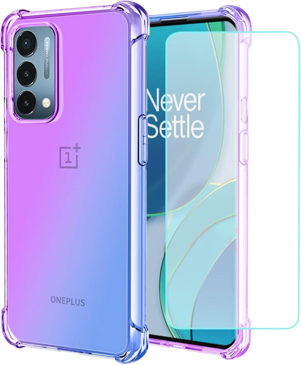 Cute Clear Gradient Slim Case for OnePlus Nord N200 5G with Tempered Glass Screen Protector (Purple/Blue)