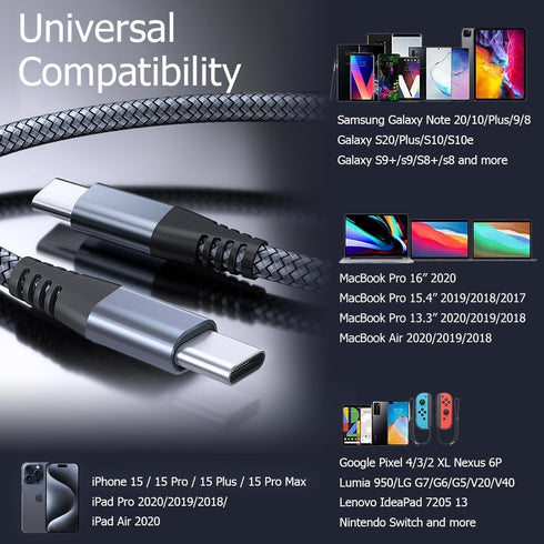 Puxnoin 6ft USB C to USB C Cable 60W, 3-Pack Fast Charging for iPhone 15, MacBook Pro, iPad Pro, Galaxy S20 & More.