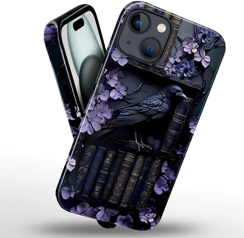 Generic 15 Case for iPhone - Slim Fit Anti-Scratch Phone Case for Girl Women - Purple Gothic Raven Bird Bookshelf