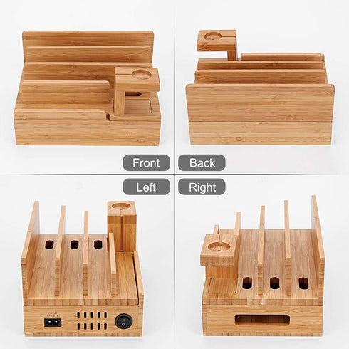 Charging Station Organizer, Fast Charging Station for Multiple Devices, 5-Port USB Bamboo Wood Charging Dock, Universal