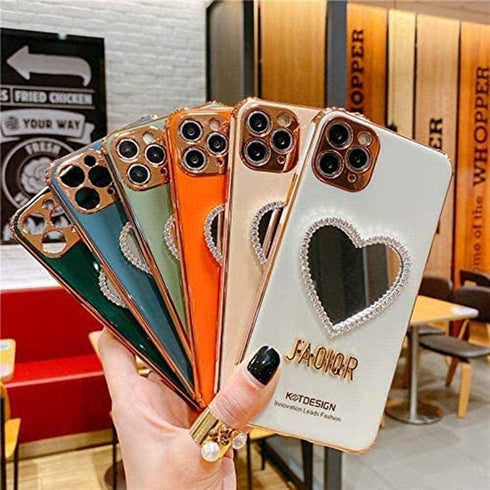 Luxurious Bling Heart-Shaped Makeup Mirror Phone Case for iPhone 11, Light Green - Stylish & Functional!