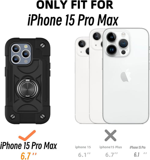 MARKILL iPhone 15 Pro Max Case, Heavy-Duty Military Grade Shockproof Cover with Double Ring Stand (Black)