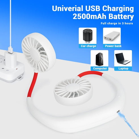 Portable Neck Fan, Rechargeable Personal Hand-Free Mini USB Wearable Neckband Sport Fan, 3 Speed Adjustable (White)
