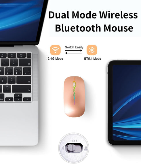 Bluetooth Mouse, Rechargeable Bluetooth (BT 5.1+2.4G) Wireless Mouse, Silent Computer Mice for Laptop Desktop, MacBook, Windows, Mac OS(Gold)