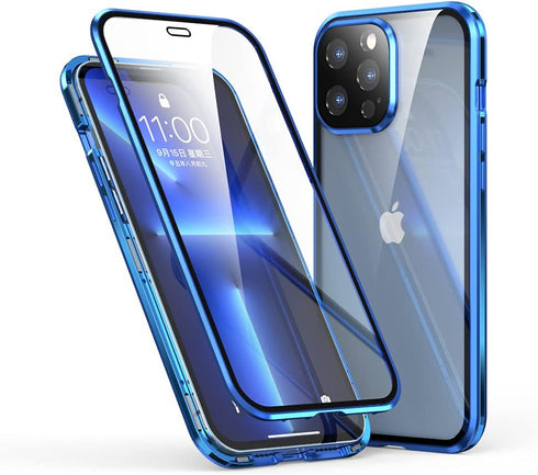 Case for iPhone 13 Pro Max with Screen and Camera Protector, Double Tempered Glass and Metal Frame Magnetic Cover - Blue
