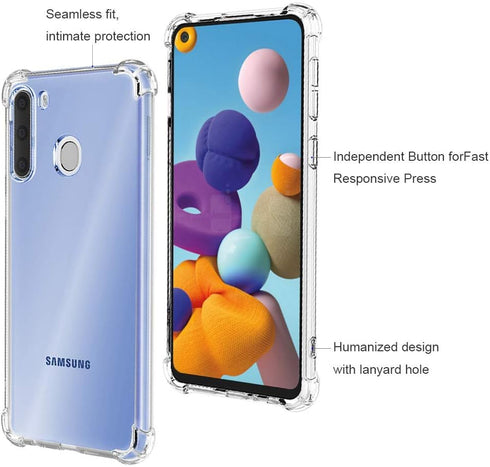 Samsung Galaxy A21 Phone Case (Clear) - With Screen Protector, Shockproof Slim Clear Color Soft TPU Protection