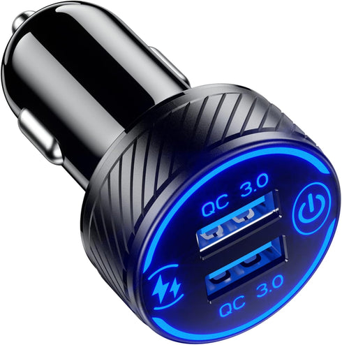 BRCOVAN Car Charger, Dual QC3.0 Port USB Phone Charger Adapter, 36W 3A Fast Charge with Touch Switch & Blue LED