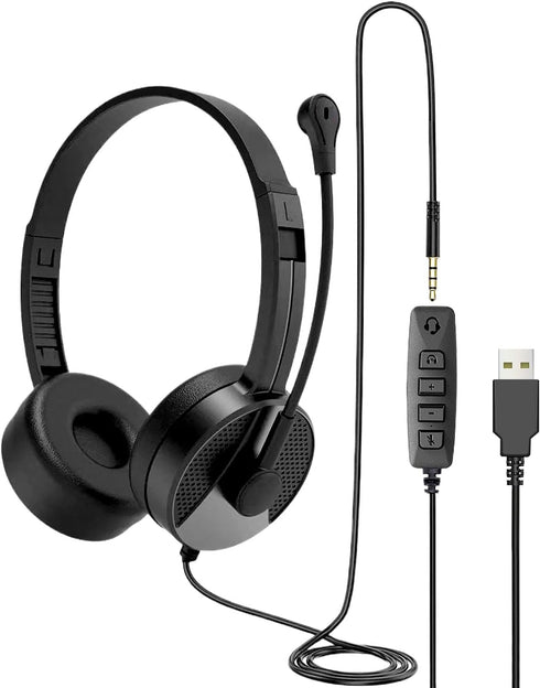 USB Headset with Microphone for PC, 3.5mm Jack 2 in 1 Wired Stereo Headphone with Volume Control
