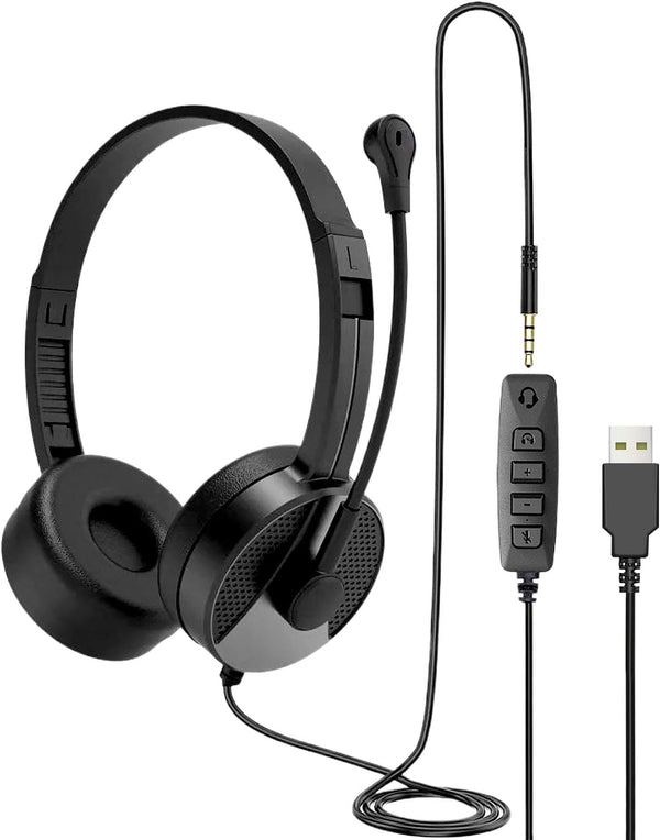 USB Headset with Microphone for PC, 3.5mm Jack 2 in 1 Wired Stereo Headphone with Volume Control