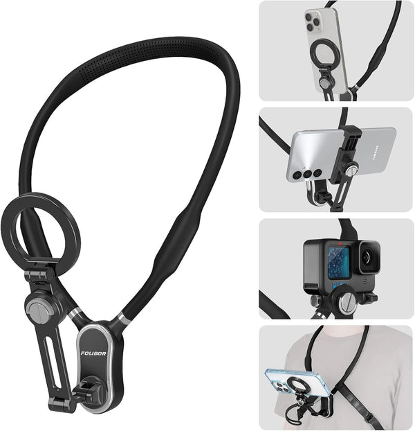 Magnetic Neck Phone Holder, 4 in 1 Neck Mount for Phones, Action Camera, Hand Free Cell Phone Neck Holder for Recording