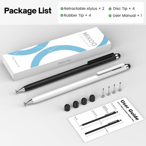 Mixoo Stylus Pens for Touch Screens, 2-in-1 High Sensitivity Retractable Stylus with Upgraded 6mm Disc Tip for iPad,