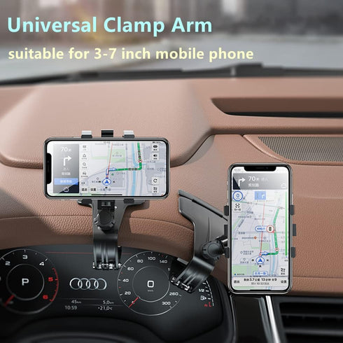 Car Phone Holder, Multifunction Car Dashboard Holder Rearview Mirror with 360° Adjustable Spring Clip, Suitable for 3