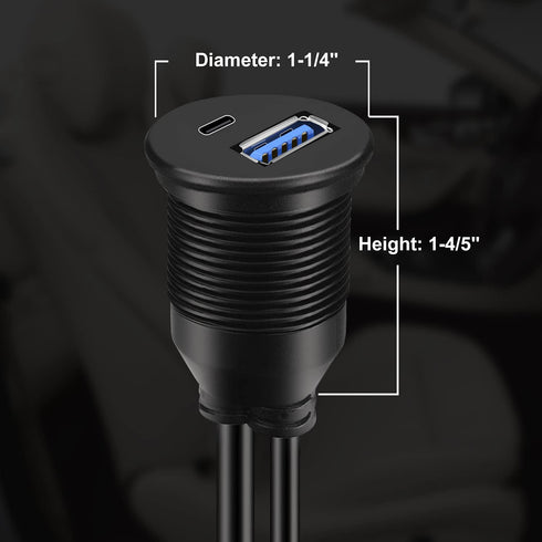BATIGE USB 3.0 to Type C Car Mount Flush Cable, Dual Port Male to Female Waterproof Extension - 3ft