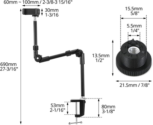 QWORK 25" 5/8" Webcam Stand Camera Mount with Phone Holder, Gooseneck Camera Stand Desk Clamp & Screw for Action