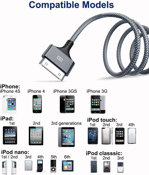 AkoaDa 30 Pin USB Charging Cable 10ft 2 Pack, Apple Certified, Compatible with iPhone 4/4s, iPad 1/2/3, iPod Classic,