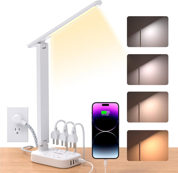 Power Strip with LED Desk Lamp, 3 Outlets and 4 USB Ports, 5 Level Touch Lamp for Home Office and Study Reading Light.