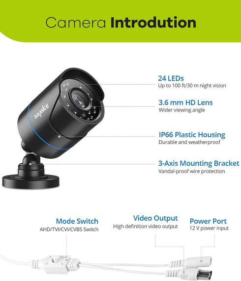 SANNCE 1080P 4-in-1 Security Camera, AHD/TVI/CVI/CVBS, IP66 Weatherproof Bullet Camera, 100ft Night Vision, No Power