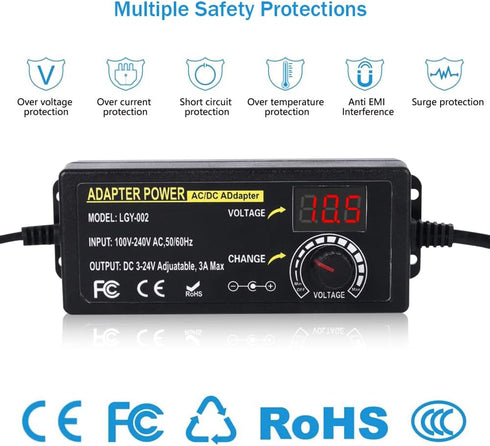 72W Power Supply Adjustable DC 3V ~ 24V Universal Switching AC/DC Adapter with LED Voltage Display and 14 Tips