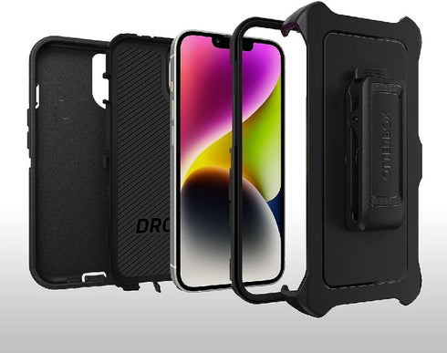 OtterBox 14 iPhone Plus Defender Series Case - Black, Rugged & Durable, with Port Protection, Includes Holster Clip