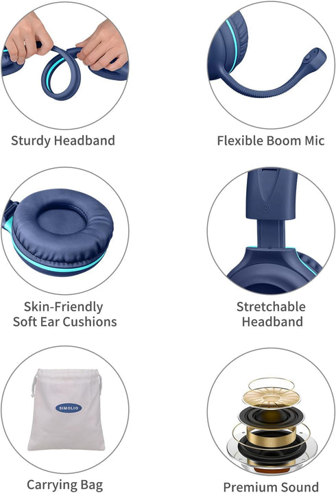 SIMOLIO Wired Headphones for School with Microphone, Stereo Kids Headphone with Volume Limiter for K12 & E-Learning