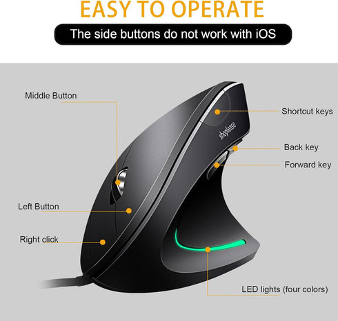 Wired Optical Vertical Mouse, Ergonomic with 4 Adjustable DPI 800/1200/2000/3200, 5 Buttons USB for Large Hands