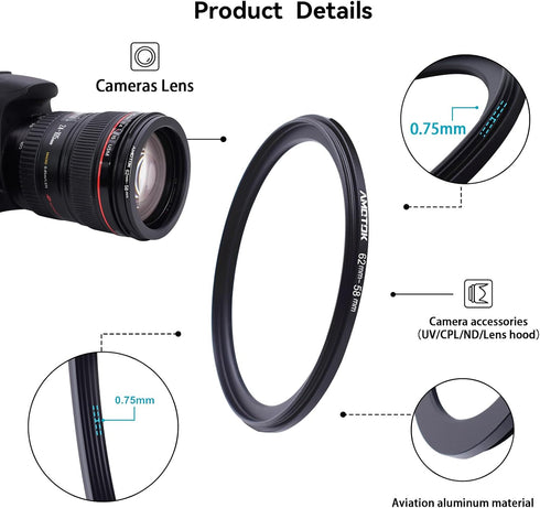 62mm Lens to 58mm Camera Lens Adapter, Step Up Ring, Compatible with All 58mm Filter Accessories